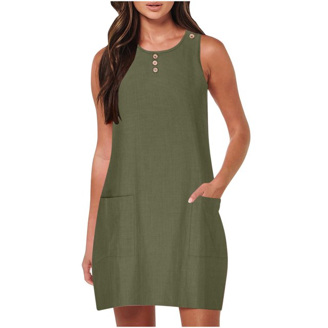 FAIWAD Robe Débardeur d'Été Décontractée pour Femme, Col Rond, Sans Manches, Longueur Genou, Robes, Couleur Unie, Ligne A, Boho, Robe Soleil