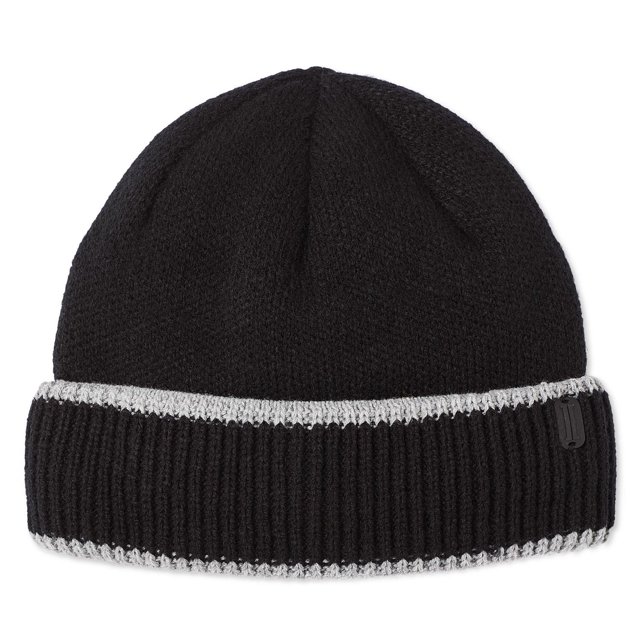 Igloos Men's Cuffed Beanie in black knit acrylic fabric with ribbed turned cuff and contrasting light grey trim, featuring structured dart seams for shape retention, displayed flat on white background, ideal for winter accessories and everyday cold weather wear.