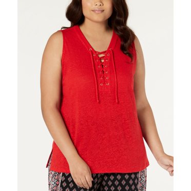 INC International Concepts INC Womens Plus Linen Blend Lace-Up Tank Top Dark Red, Dark Red, 1X