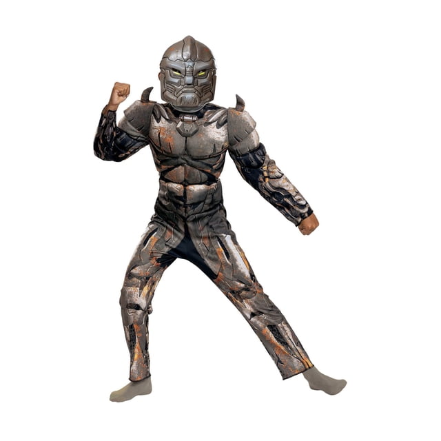 Déguisement Transformers Rhinox Costume pour Enfant Taille Petite Comprenant une Combinaison Musclée Intégrale avec Imprimé d'Armure Rhinox Gris et Rouille, une Armure à l'Épaule et à la Manche, et un Demi-Masque Moulé par injection avec des Yeux Jaunes, Porté par un Enfant dans une pose Dynamique, Idéal pour l'Halloween et les Fêtes Costumées.