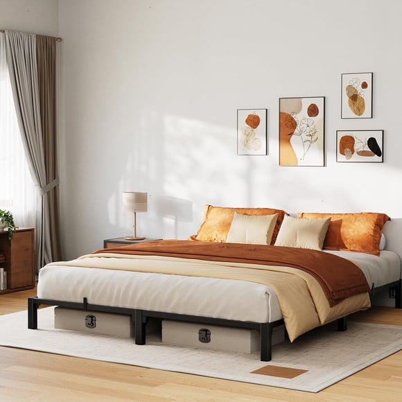 Bed Frame, King Size 8 Inch, Sturdy Metal Platform with Durable Iron Slat Support and Legs, Easy Assembly, Storage Space Under Bed, No Box Spring & Screws Needed, Support Up to 800 Lbs