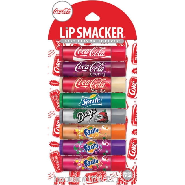 Lip Smacker Ensemble de Fête Contenant Huit Baumes à Lèvres à Thème Coca-Cola en Saveurs Coca-Cola, Cerise, Vanille, Sprite, Barq's Root Beer, et Fanta Orange, Raisin et Fraise, Présentés dans un Emballage de Marque Rouge original, Convenant aux Ensembles-Cadeaux Beauté pour Enfants.