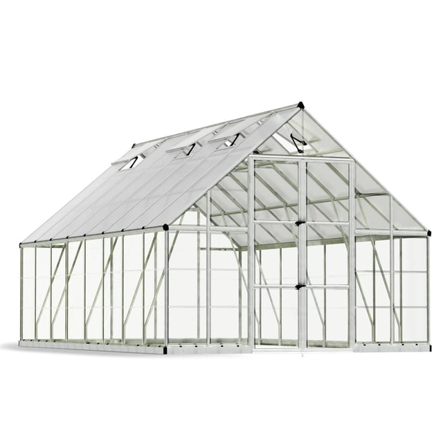CANOPIA by PALRAM Balance 10 ft. x 16 ft. Greenhouse Kit - Silver with rust-resistant powder-coated aluminum frame and UV-protected clear polycarbonate panels, featuring three roof vents, wide double doors with metal hinges, and a galvanized steel base for stability, suitable for growing vegetables and herbs.