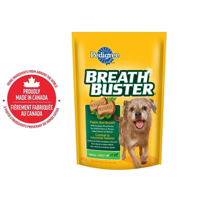 PEDIGREE Breathbuster Small Breed Adult Dog Treats 500g yellow pouch featuring a small happy brown dog and crunchy biscuits with eucalyptus oil and parsley to fight bad breath, enriched with vitamins and minerals, proudly made in Canada.