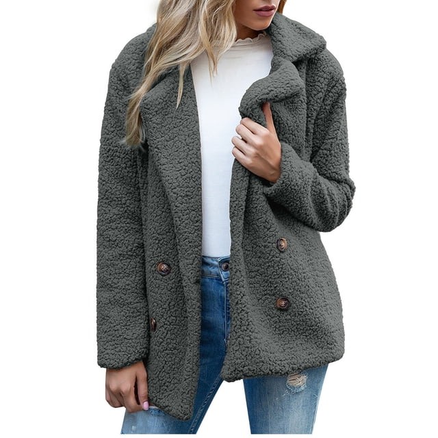 Qertyioot Plus Size Coat for Womens,Winter Warm Loose Plush Turndown Collar Jacket