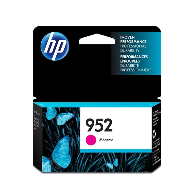 HP 952 Magenta Original Ink Cartridge packaging with black and blue butterfly design, HP logo, and text highlighting proven performance and professional durability. Compatible with HP OfficeJet Pro printers and yields about 700 pages.