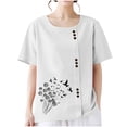 thumbnail image 3 of T-shirts en Lin à Col Rond Oversize pour Femmes, Manches Courtes, T-Shirts en Coton, Imprimé Floral, à Boutons, Blouses Tendance, 3 of 7