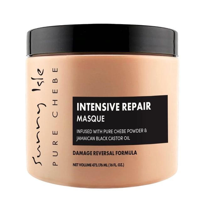 Sunny Isle Pure Chebe Intensive Repair Masque in a 16oz container, featuring a beige jar with a black lid and bold black label. Infused with pure African Chebe powder and Jamaican black castor oil, this deep conditioning hair mask nourishes the scalp, restores moisture, and improves hair manageability. Suitable for all hair types and free of parabens and sulfates.