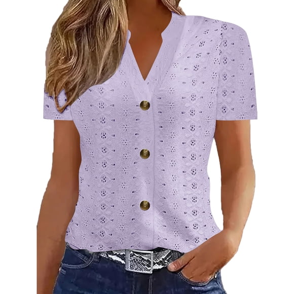 Lenpel Summer Tops for Women Trendy Eyelet Embroidery V Neck Short Sleeve Button down Shirts Casual Tunic Blouses