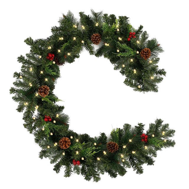 Pre-Lit Christmas Garlands LED Light Illuminated Wreaths with Pinecones 1.8m 30LED
