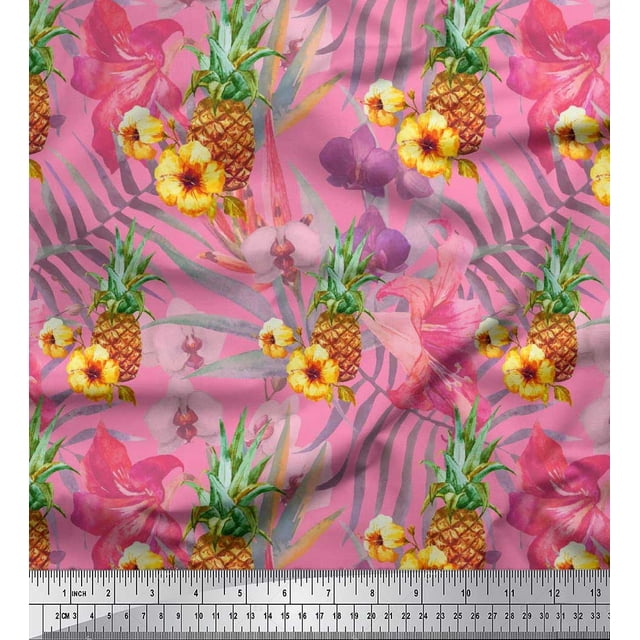 Soimoi Pink polyester Crepe Fabric Lily & Pine Fruits Decor Fabric Printed Yard 52 Inch Wide