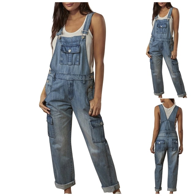 LOVZFMLL Combinaison pour Femme, Printemps/été Décontractée Confortable Salopette en Denim à Multiples Poches Bleu, m