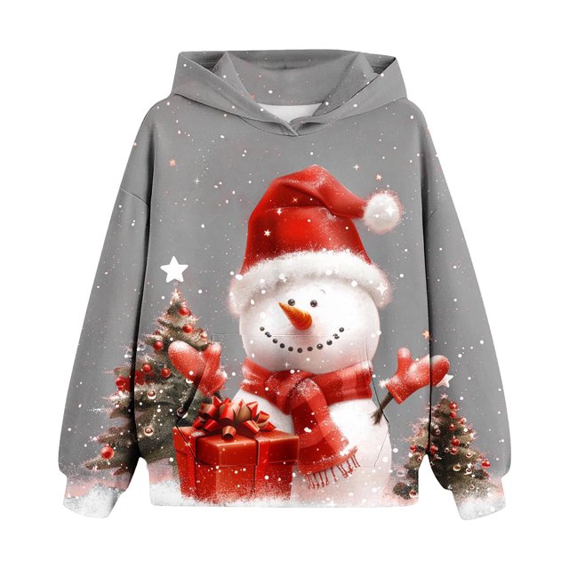 Chandails à Capuchon Sherpa pour Garçons et Filles, Chandail à Capuchon en Molleton, Chandail de Noël pour Enfants, T-shirt à Manches Longues à Motif, T-shirt Imprimé à Col Rond, Long Haut, Chandail à Capuchon pour Garçons et Filles, Gris 110