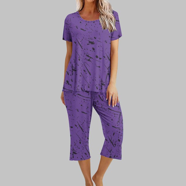 Économies d'Été Liquidation Iumwxz Pyjamas Décontractés Fluides Tenues Grande Taille Tenues d'Été Mode Graphique Col Rond Manches Courtes Taille Élastique Pantalons Raccourcis Ensembles Assortis pour Fête Dames