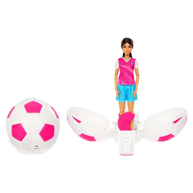 Barbie Team Barbie Roll and Reveal Soccer Player Doll and Accessories with Brunette Fashion Doll, 8 Surprises & Soccer Ball Encasement
