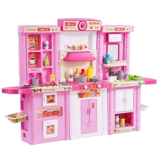 VEVOR Kitchen Playset Kids Pretend Cooking Play Toy in pink, featuring a 3-in-1 modular design with realistic kitchen elements like a stove, sink, and oven. The set includes 74 accessories such as pots, pans, utensils, and food models, promoting creativity and hand-eye coordination. The playset measures 50.4 x 11.4 x 35.4 inches and is made from BPA-free, durable ABS material. Suitable for children aged 3 and up, it offers interactive features like lights, sounds, and steam effects for an immersive play experience.