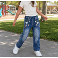 thumbnail image 3 of Kidscool Space Girls Floral Embroidered Ripped Washed Elastic Waist Jeans,Flower and Bowknot,7-8 Years, 3 of 7