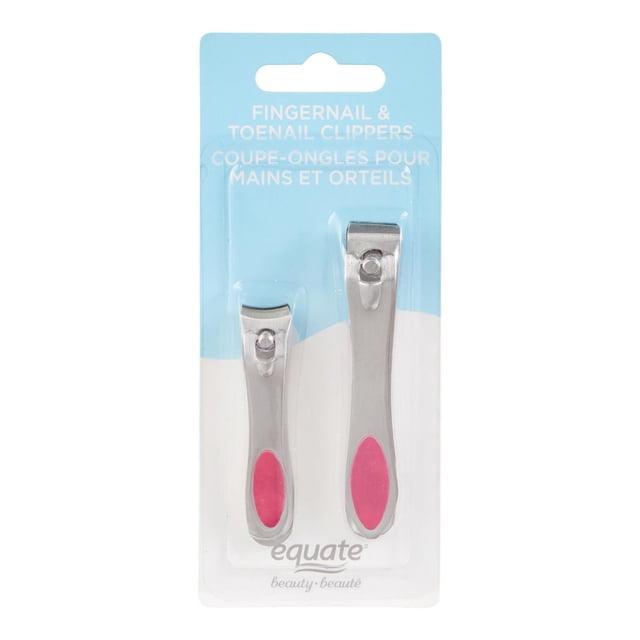 Equate Beauty Fingernail & Toenail Clippers set includes two stainless steel clippers with pink rubber grips on a blue and white card with bilingual text, suitable for precise nail care and personal grooming.
