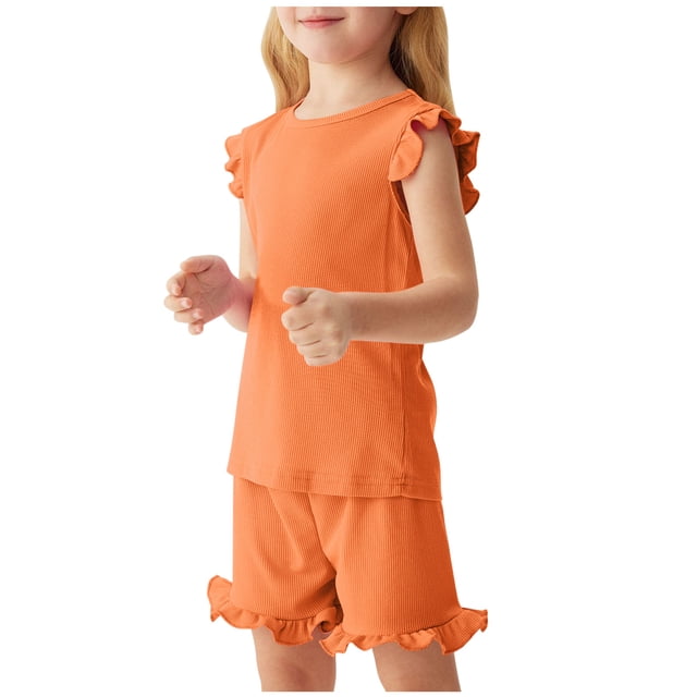 Toddler Girls Summer Short Sets Cotton Rib Knit Outfits Short Ruffle Cap Sleeve Tees T-Shirt Tank Tops + Skorts 2PC Sets Orange 5-6 Years