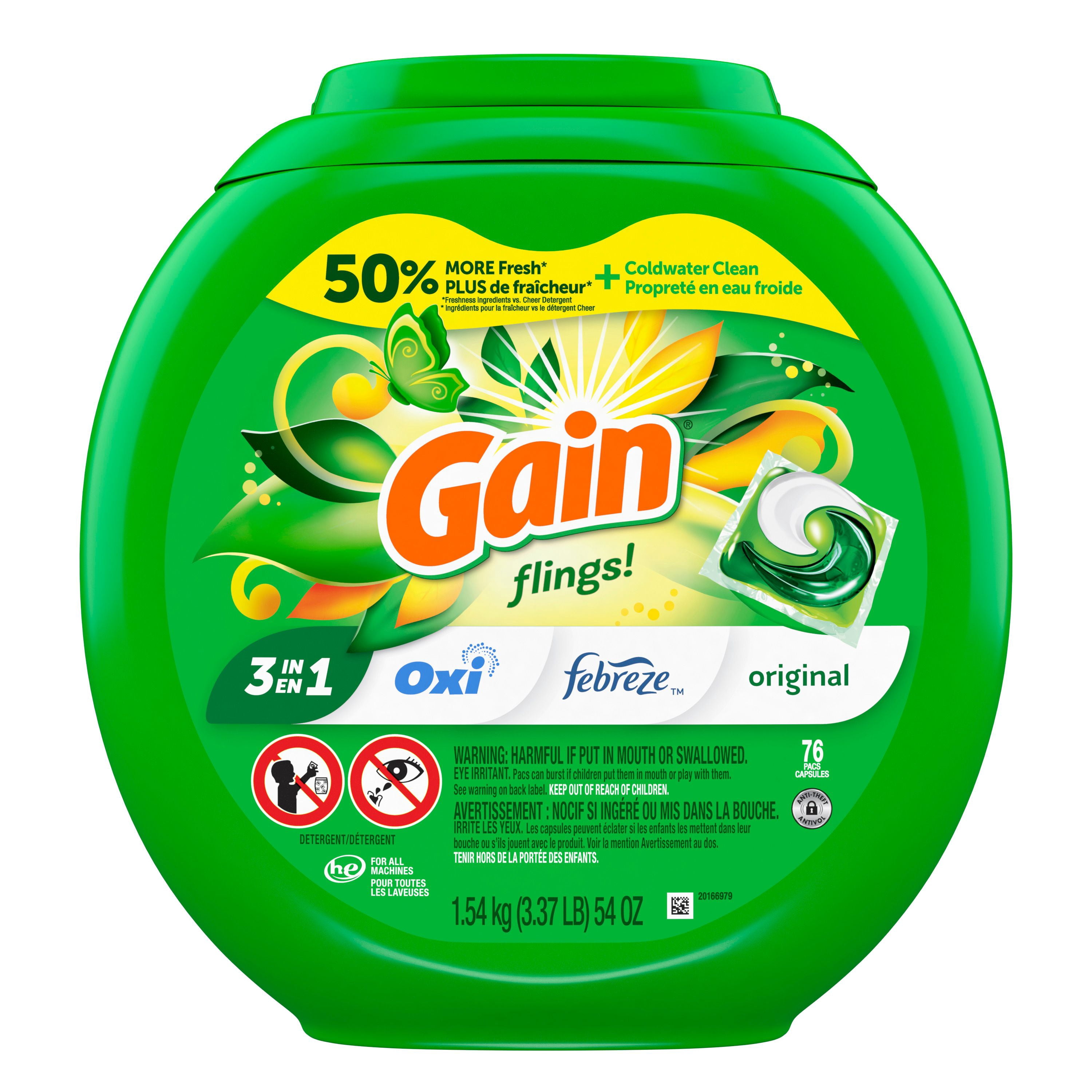 Gain Flings Laundry Detergent Pacs, Original Scent, with Odour Defense, concentrated laundry soap pacs, 76 Count