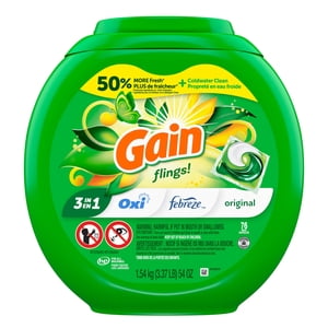 Gain Flings Laundry Detergent Pacs, Original Scent, with Odour Defense, concentrated laundry soap pacs, 76 Count