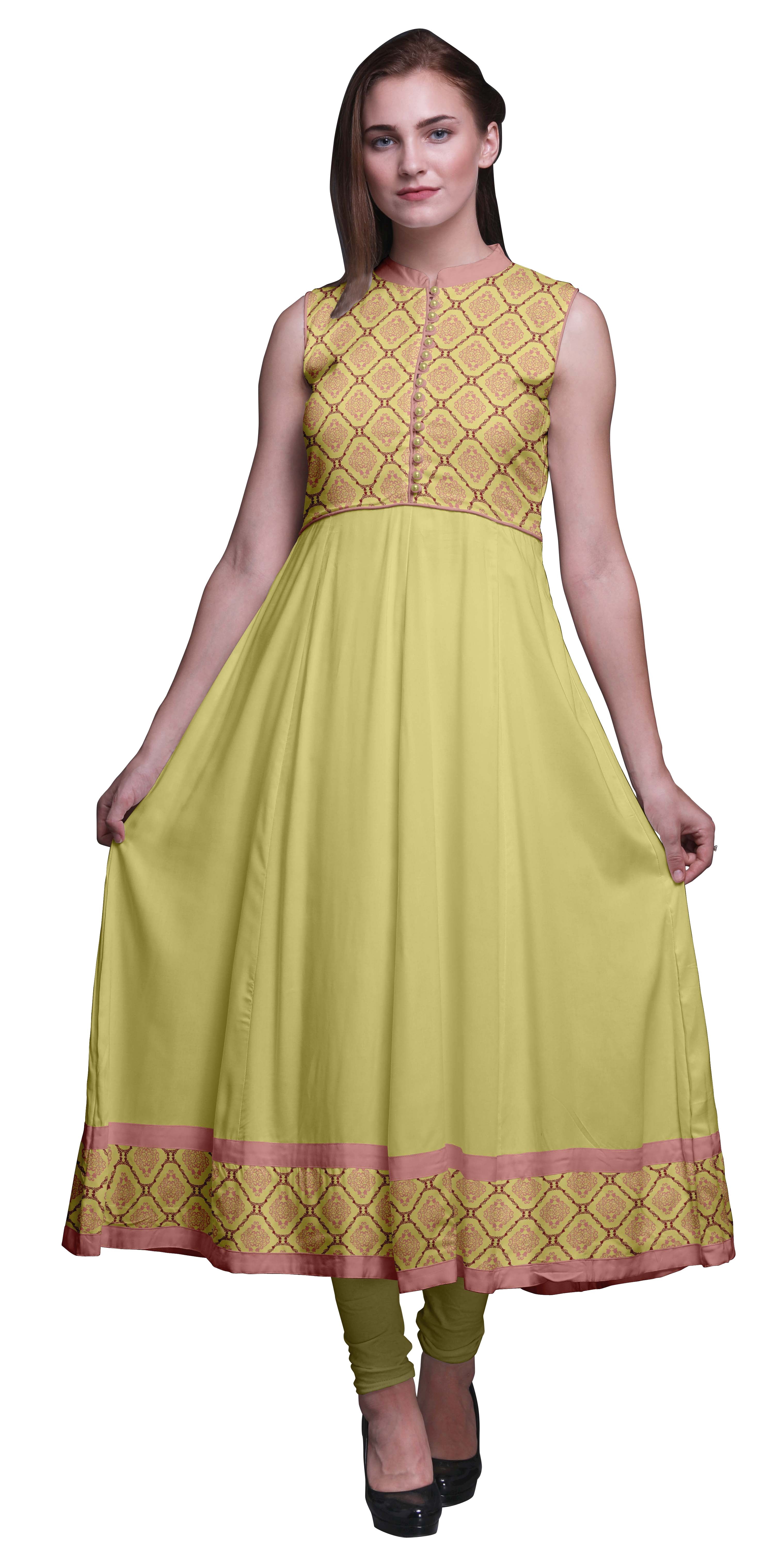 Bimba Robe Anarkali à Col Mandarin pour Femmes, Jaune Moyen, Damassé Imprimé, Kurta Ethnique Indienne, Grande