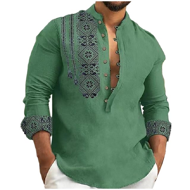 Men's Cotton And Linen Jacket Long Sleeve Printing Shirt Button Cardigan