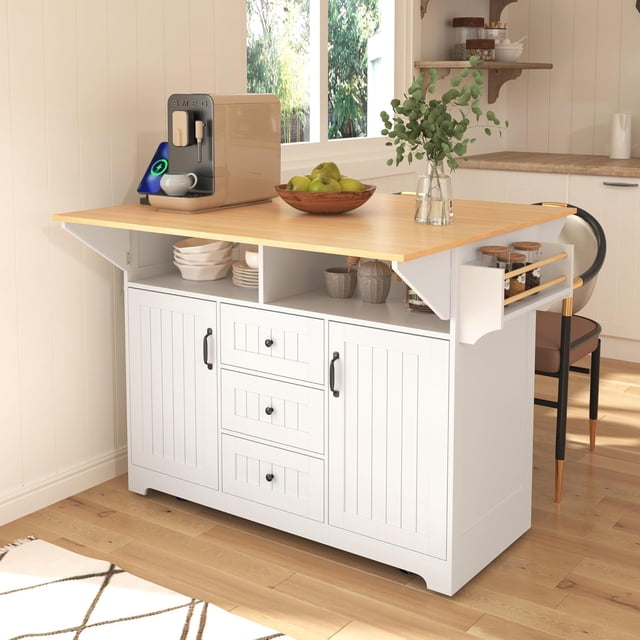 Grand Îlot de Cuisine Moderne avec 2 Rallonges Rabattables, Chariot de Cuisine Roulant sur 5 Roues avec Prise de Courant, Table de Salle à Manger Pliante pour Cuisine, Salle à Manger (Blanc/pliable)