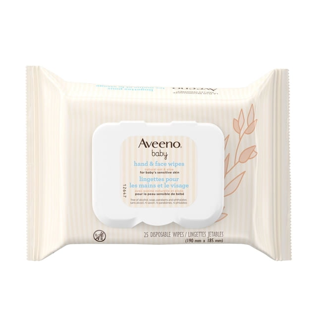 Aveeno Baby, Sensitive Skin, Hand & face wipes in a beige striped package with a white flip-top lid, containing 25 disposable wipes measuring 190 mm by 185 mm, made with mild moisturizers, oat extract, and aloe to gently clean baby's sensitive skin without residue or harsh chemicals.