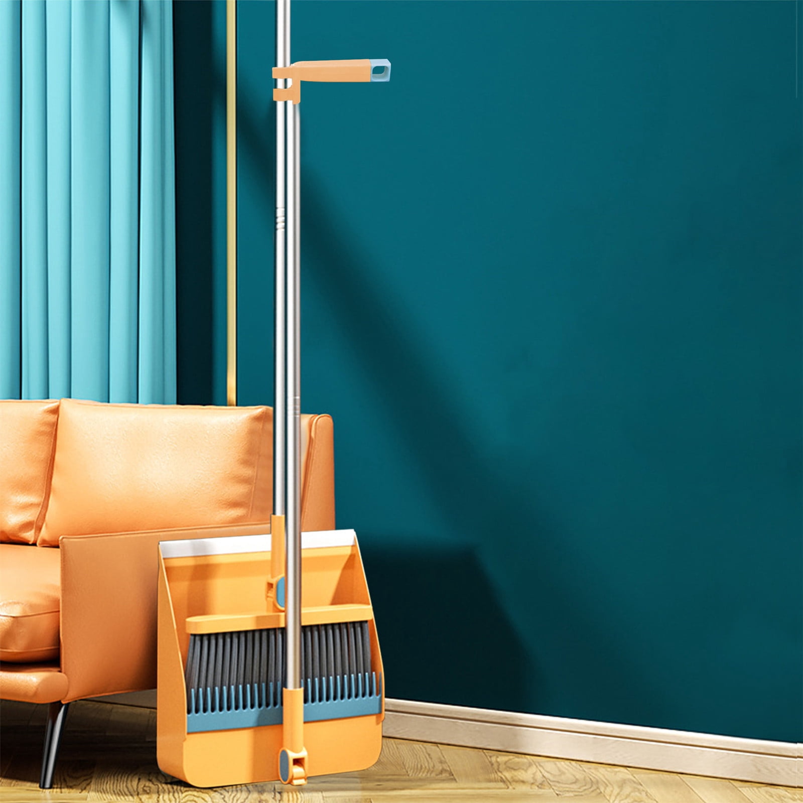 Dvkptbk Portable Broom Brooms Indoor 180° Rotatable Standing Storage Buckle Type Brooms and Dustpan Set with Scraping Teeth and Scraper Deep Cleaning Suitable for Home Cleaning Supplies