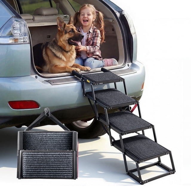 VEVOR Dog Stairs for Car, 4 Steps Extra Wide Foldable Dog Ramp for Large Dogs with Non-Slip Rug Surface, Portable Lightweight Pet Ladder for Car, SUV, Truck, High Beds, Sofas, Support up to 200 lbs