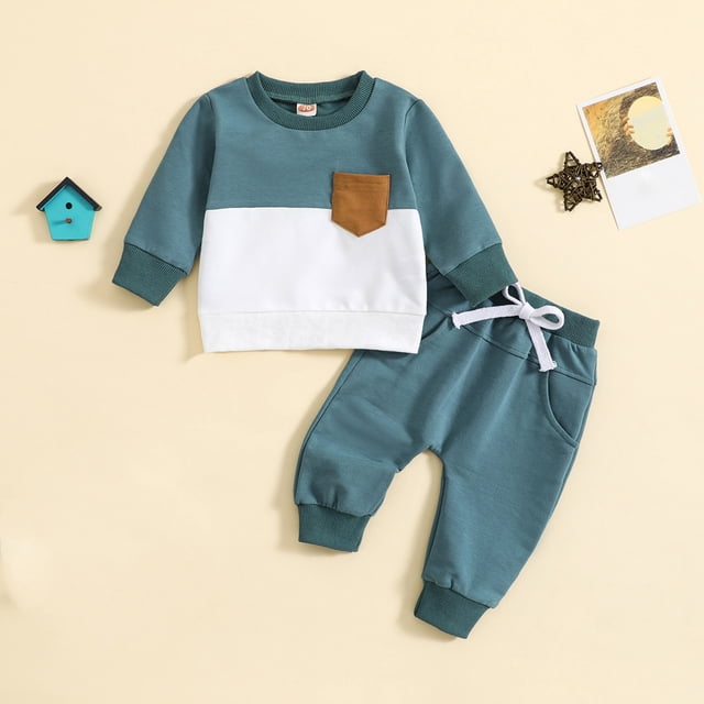 LSLJS Vêtements pour Tout-Petit Garçon Bébé T-Shirt à Manches Longues Rayé à Col Ras du Cou et Ensemble de Pantalon Uni à Cordon. la Tenue Présente un Haut à Manches Longues à Col Ras du Cou Bleu Sarcelle et Blanc avec un Détail de Poche Brun, Assorti à des Pantalons à Cordon Bleu Sarcelle Assortis avec Poignets Côtelés. Idéal pour Tout-Petits Garçons comme Tenues d'Automne, Tenue Décontractée Ou Réunions de Famille.