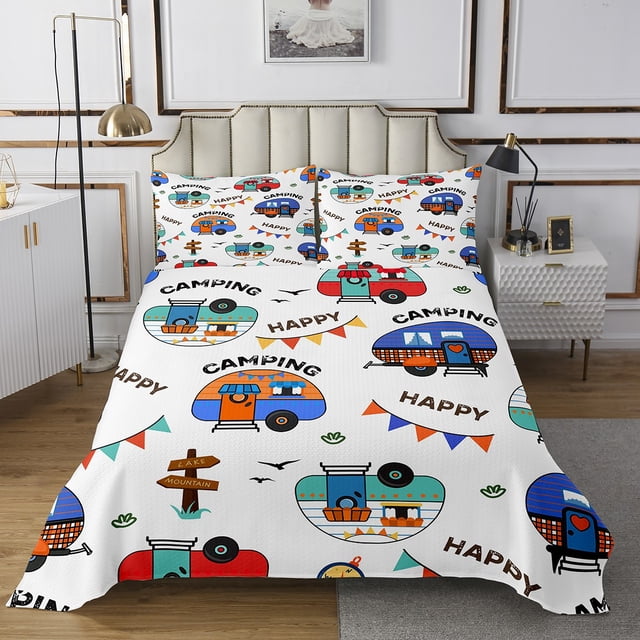 Erosebridal Vintage Camping Coverlet Set Twin, Rustic Farmhouse Bedding Set, Cartoon Theme Decor,
