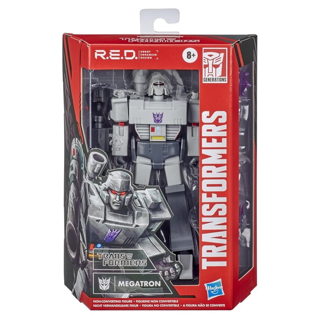 Transformers R.E.D. The Transformers G1 Megatron 6-inch non-converting figure in red and black packaging, featuring a gray robot with purple Decepticon insignia, Fusion Cannon accessory, and four alternate hands, suitable for ages 8 and up.