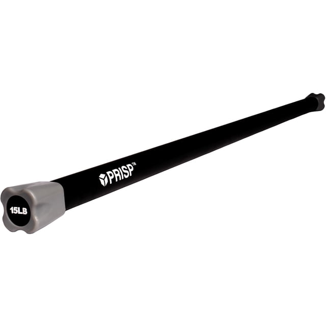 PRISP Weighted Exercise Workout Bar, a 15 lb total body weight bar designed for home gym, fitness, yoga, and strength training. The bar features a black foam-covered steel construction for durability and a comfortable grip, with square grey end caps to prevent rolling and display the weight.