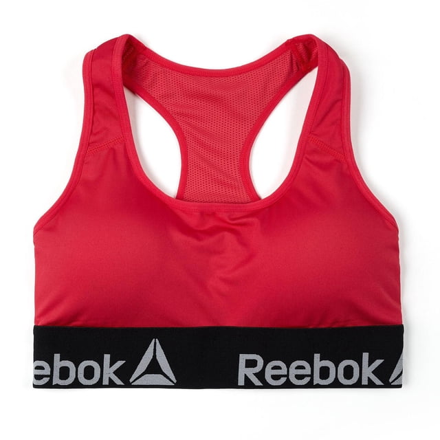 Reebok Soutien-Gorge de Sport de Performance pour Femmes, Lot de 1, Rouge, avec Bande Inférieure Élastique Noire Mettant en Vedette le logo Reebok Gris, Dos Nageur avec Empiècement en Maille Respirante, Tissu Extensible Évacuant l'Humidité pour Activités à impact Moyen comme le yoga Ou l'Entraînement.