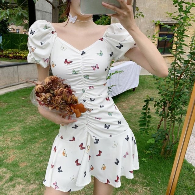 Mode Femmes Sexy Tube Robe Papillon Imprimé Femme Manches Courtes Stretch Robe Hip Clubwear Vacances Patry Mini Robe Blanc XL