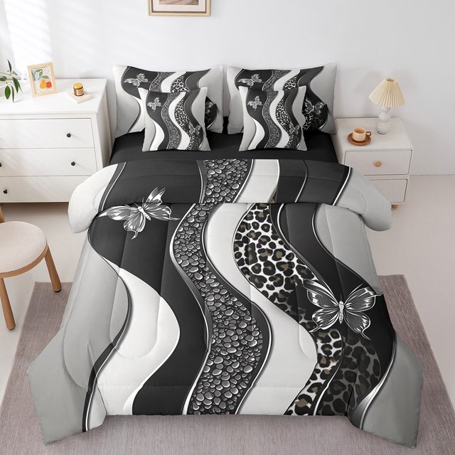 Erosebridal Ensemble de Literie Gris à Rayures Format Double, Ensemble de Lit Chic à Papillons, Réversible 7 Pcs