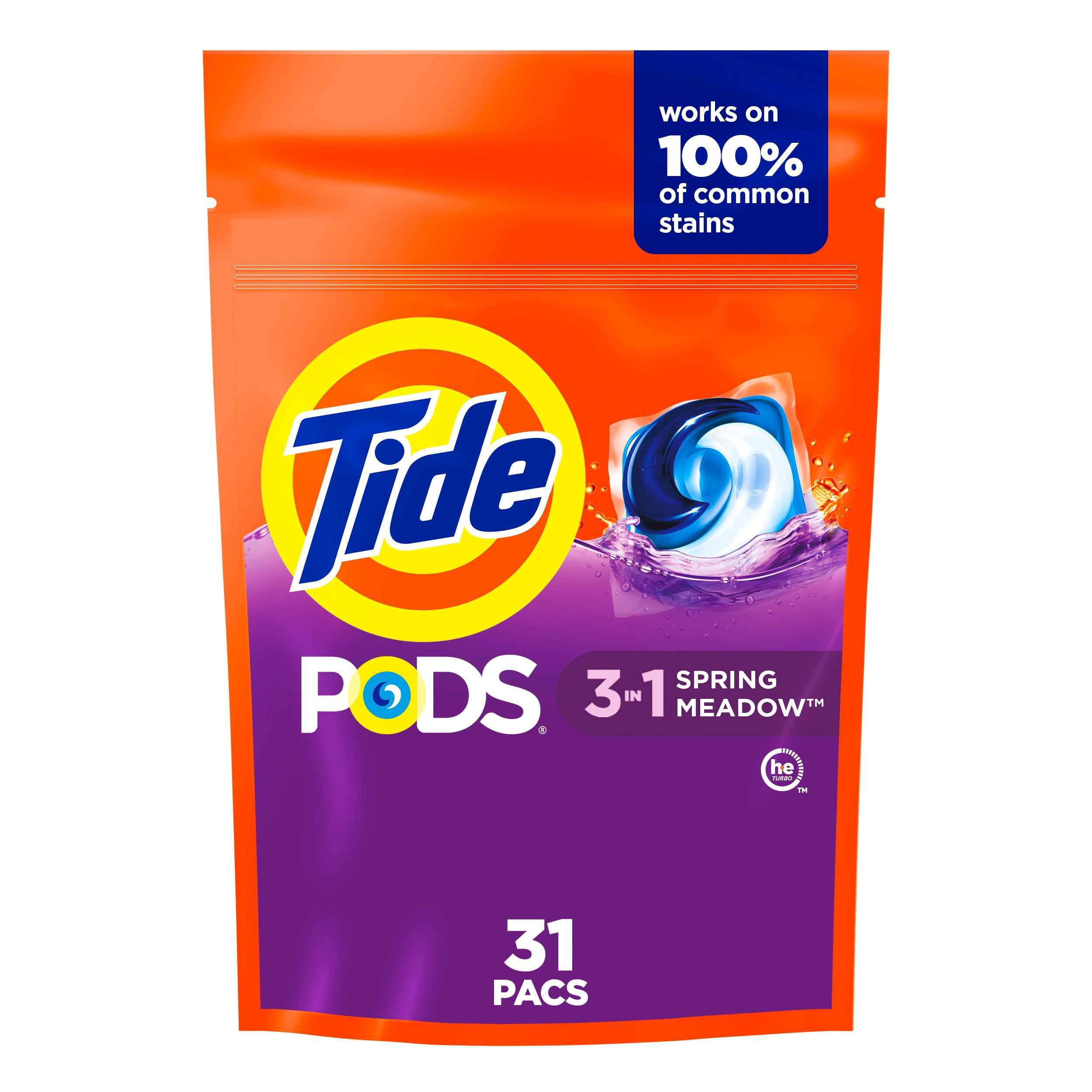 Tide PODs Laundry Detergent, Spring Meadow Scent, 3-in-1 Stain Remover, Odor Fighter, Color Protector, Concentrated Laundry Soap Pacs, 31 Count