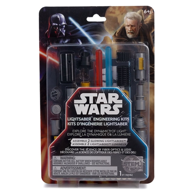 Star Wars Build Your Own Lightsabers STEM kit containing parts to assemble two glowing lightsabers with red and blue light rods, black and silver hilt pieces, and an educational guide on fiber optics and LED science, packaged in a blister pack with Star Wars-themed graphics.