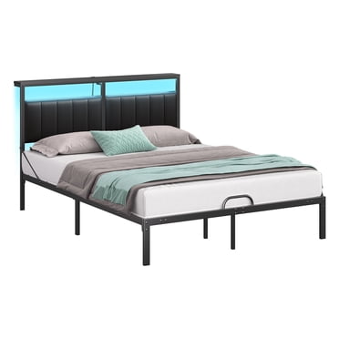 Bestier Queen Bed Frame with Upholstered Headboard, Metal Platform Bed with LED Lights & USB Ports, Black