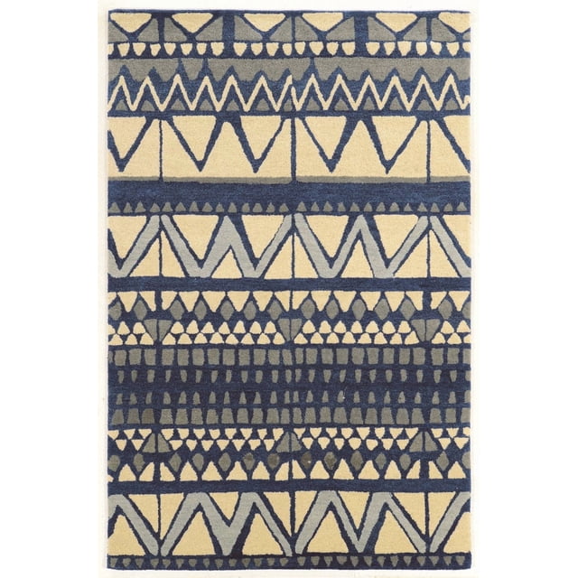 Aspire Wool Comp Ivory & Blue 2' x 3' Accent Rug with hand-tufted wool pile, ivory base, and blue and grey geometric zigzag and triangular patterns accented with faux silk, offering warmth and durability, suitable for doorways and in front of sinks.