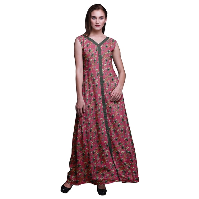 Bimba Robe Anarkali à Feuilles Roses, Col Mandarin, Sans Manches, Kurtis pour Femmes, Robe Maxi à Imprimé, Petit