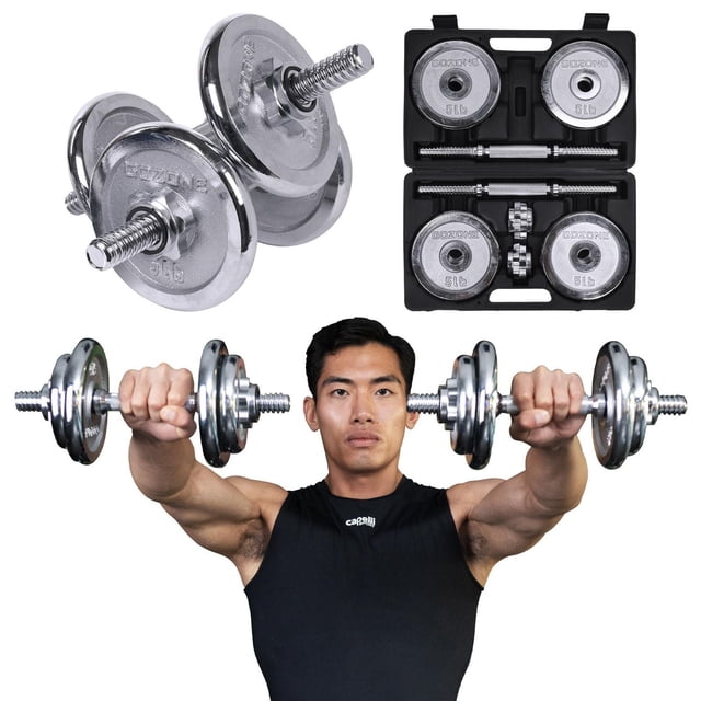 GoZone 40lb chromed dumbbell set in silver and black, showing two dumbbells with textured chrome handles and threaded collars, alongside a black carrying case containing four 5lb and four 3lb weight plates, two 14-inch dumbbell bars, and four spin lock collars, suitable for upper body strength training and compact home gyms.