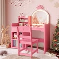 thumbnail image 1 of Zzistar Kids Vanity with Lighted Mirror, 2 in 1 Princess Vanity Set Toddler Vanity Table & Chair Set with Open Bookshelf, Storage Cabinet & Shelves for Little Girls, 1 of 6