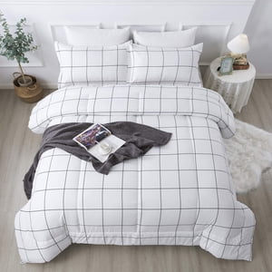 Andency White Grid Comforter Set King(104x90Inch) 3 Pieces (1 Plaid Comforter and 2 Pillowcases) White Plaid Comforter Set Lightweight Microfiber Gingham Geometric Comforter Bedding Set