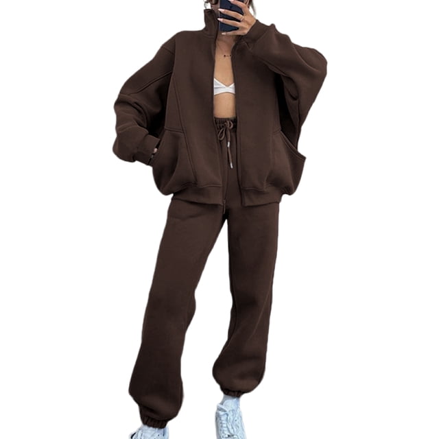 Innerwin Two Piece Outfit Long Sleeve Women Sweatsuits Jogging Solid Color Casual Tracksuit Sets Coffee L
