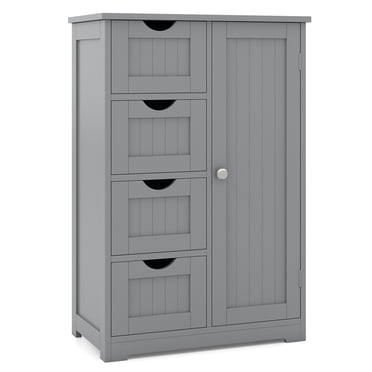 Gymax Bathroom Floor Storage Cabinet Wooden Freestanding Bathroom Storage Unit w/1 Door & 4 Drawers Grey