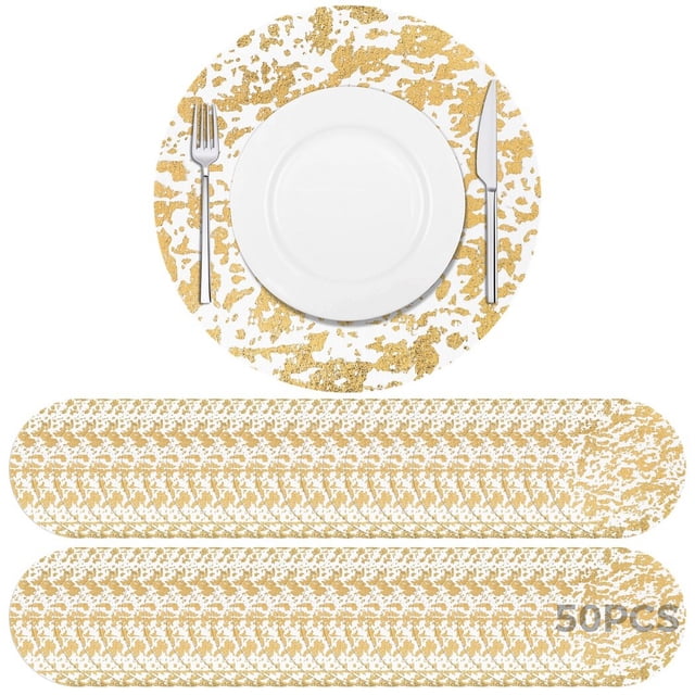 50 PCS Disposable Dining Plate Mats, Golden Bowl Tableware Place Mat Pads Set, 13 Inches Round Foil Mesh Pressed Table Doilies, Metallic Thin Mesh Table Mats for Dining Table Wedding Birthday