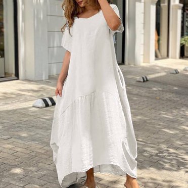 Meichang Robes Maxi en Coton et Lin pour Femmes, Couleur Unie, Coupe Ample, Robes Fluides, Manches Courtes, Col Ras du Cou, Robes de Plage, Robes d'Été Surdimensionnées pour le Travail avec Poches, Blanc TTTG
